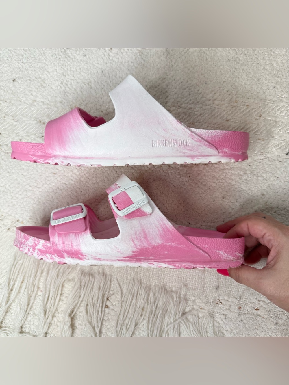 Birkenstock pink and white rubber slip on sandals size 10 - Picture 3 of 9